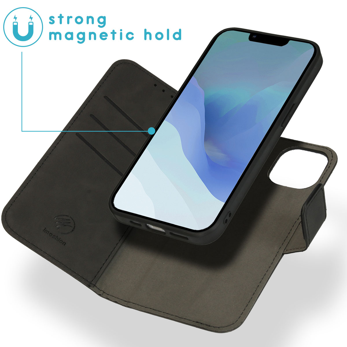 Geöffnete schwarze Handyhülle mit Telefon, zeigt magnetische Haltefunktion.