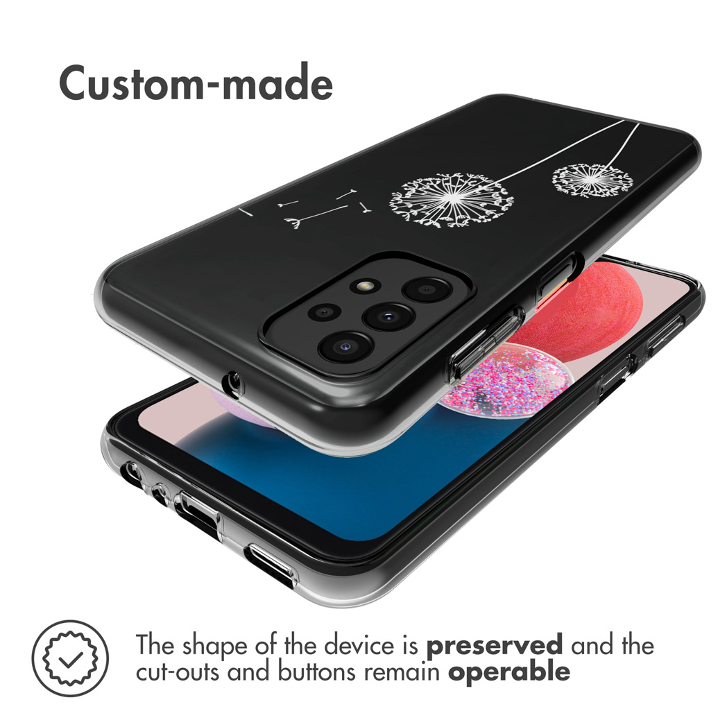 Zwarte telefoonhoes met wit paardenbloemdesign. Telefoon en hoes zijn open.