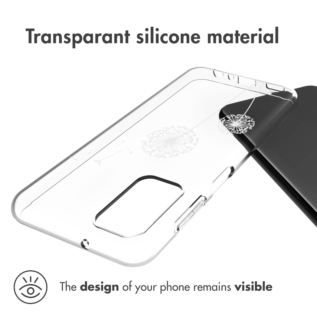 Transparante telefoonhoes met paardenbloemontwerp en telefoon op een witte achtergrond.