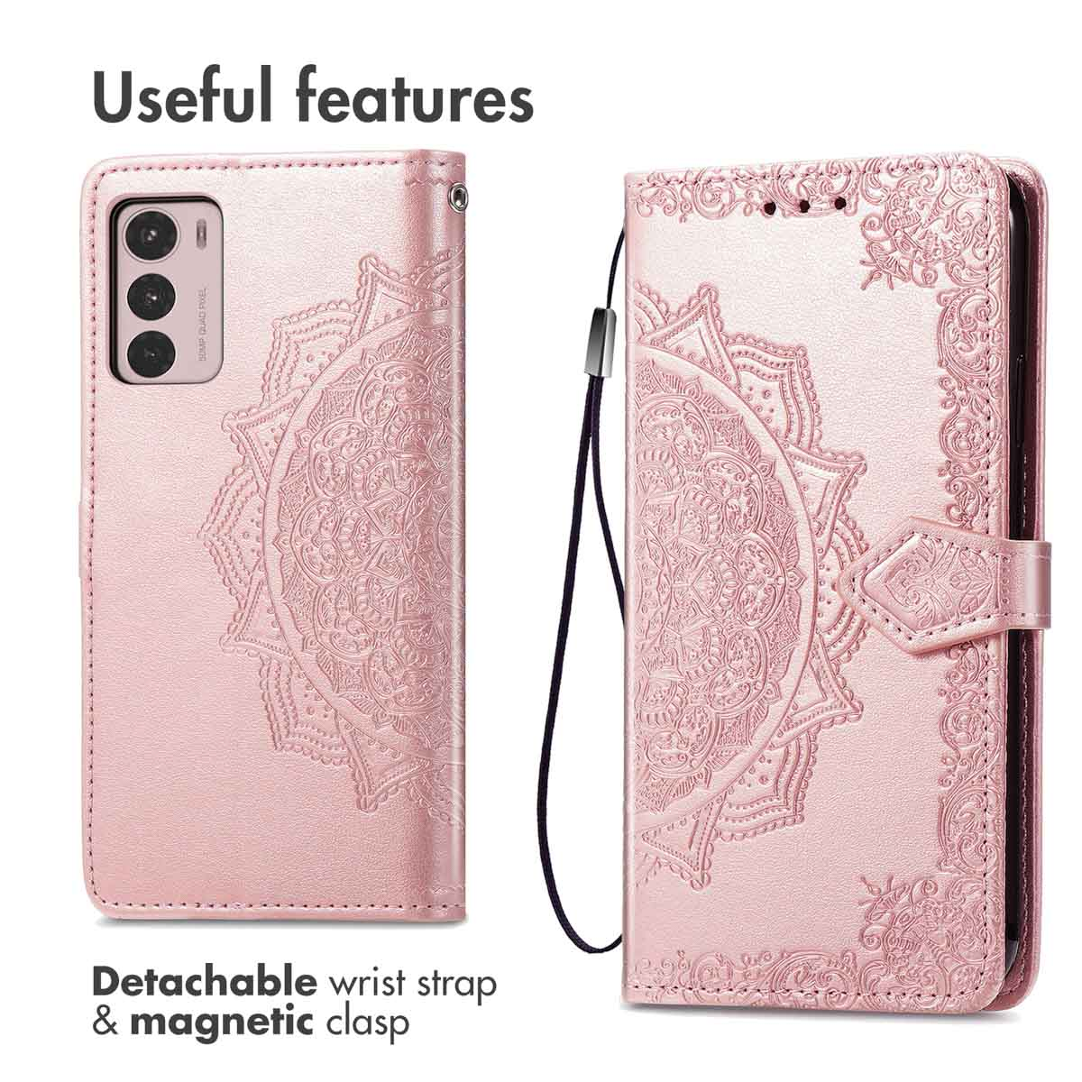 Roze telefoonhoesje, gesloten en open, met mandala-ontwerp, polsband en magnetische sluiting.