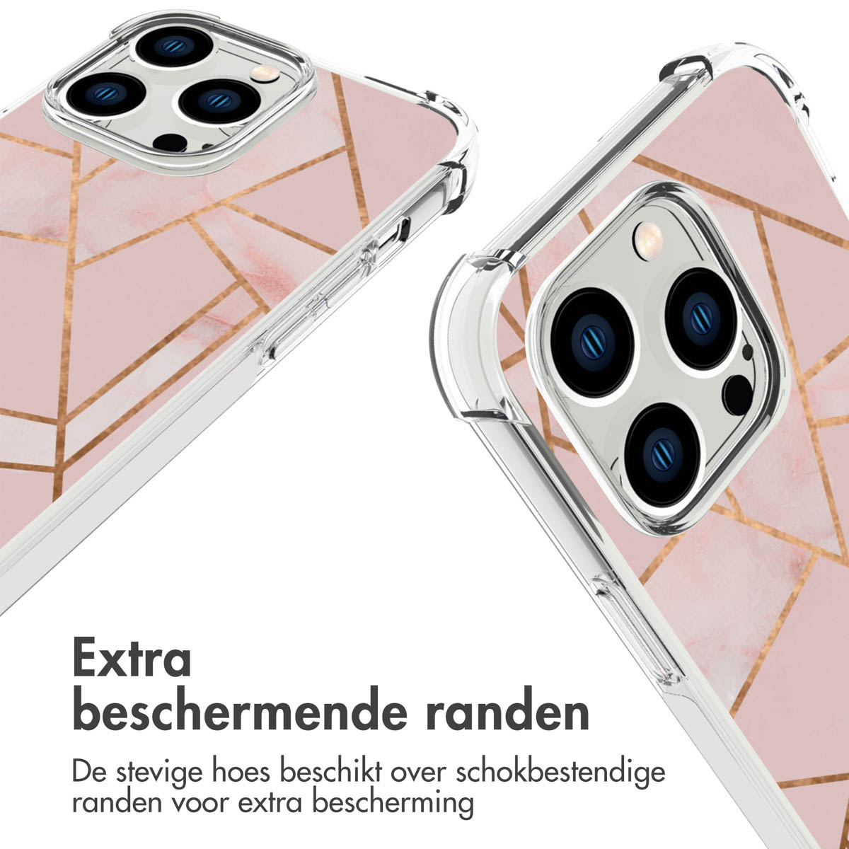 Close-up van een telefoonhoesje met een roze marmerdesign, met beschermende randen.
