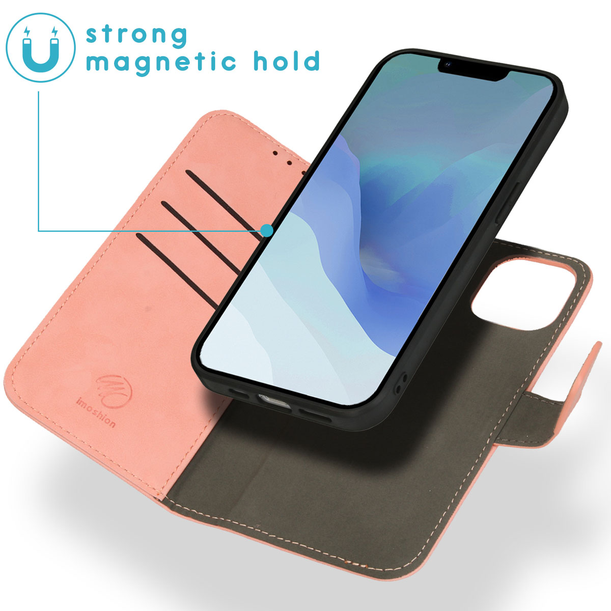 Rosafarbene Handyhülle mit Telefon, mit starkem Magnetverschluss.
