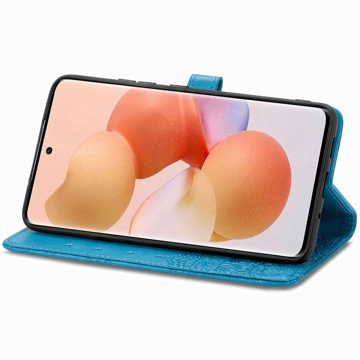 Custodia blu con telefono all'interno, che mostra un'immagine di paesaggio.
