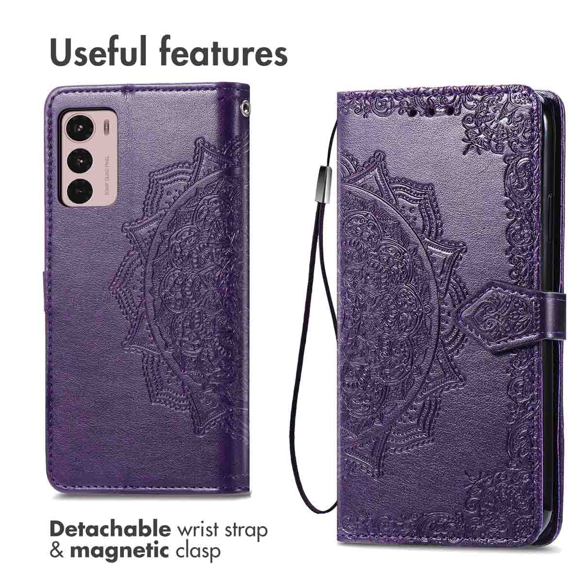 Paarse telefoonhoes met mandala-ontwerp, afneembare polsband en magnetische sluiting.