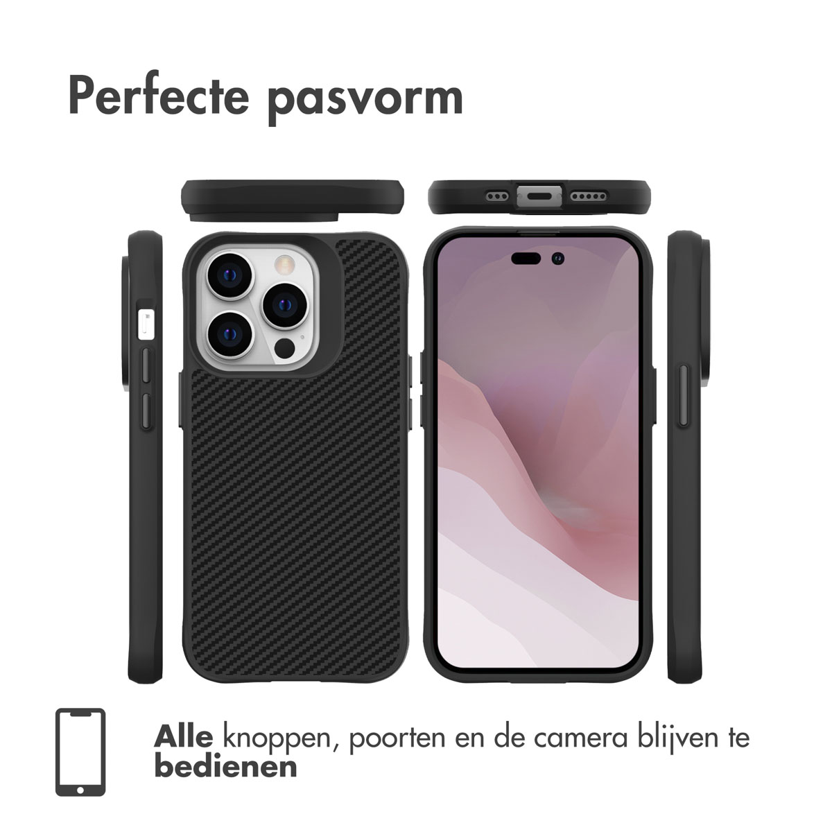 Vue éclatée d'une coque de téléphone et d'un téléphone. La coque est noire et a un motif en fibre de carbone.
