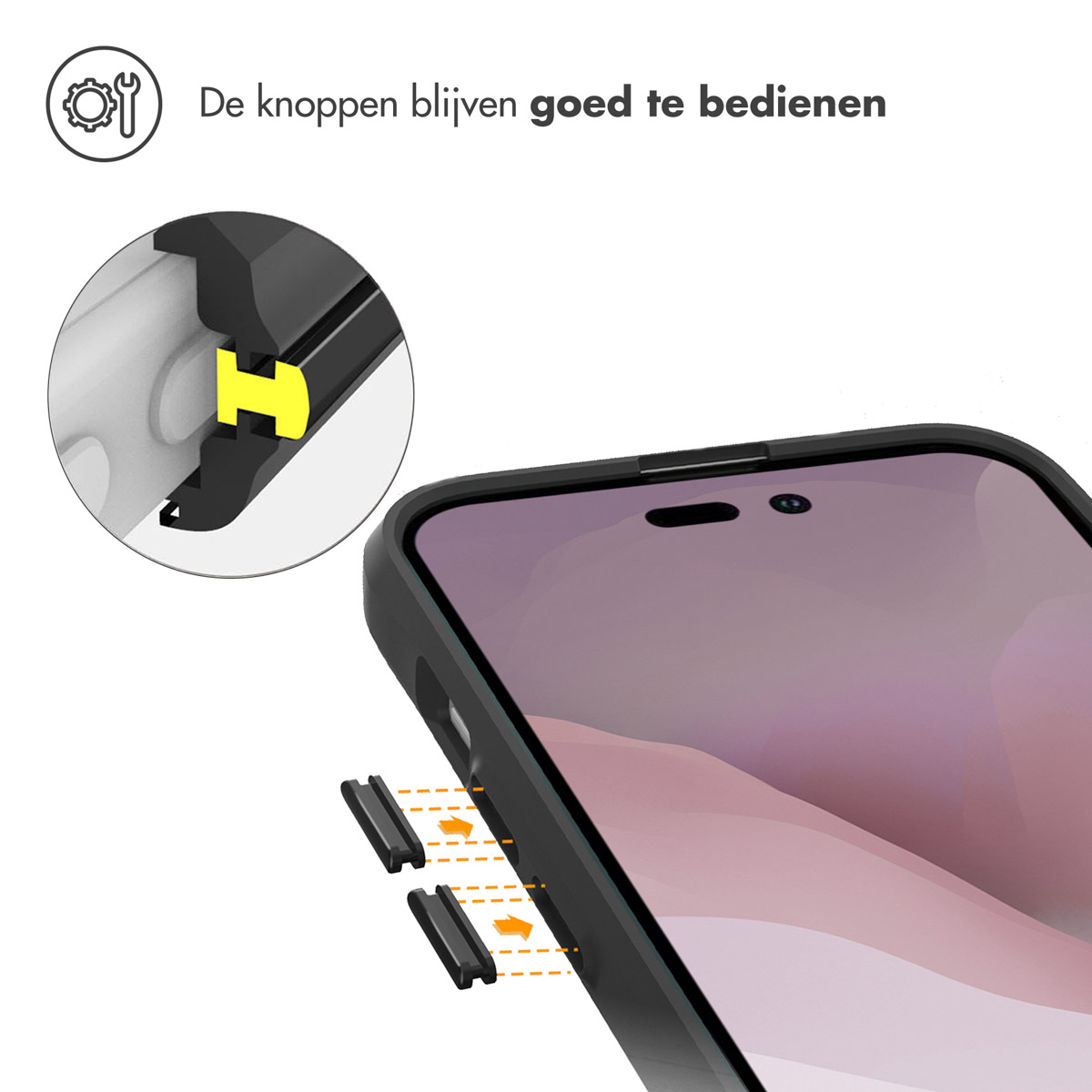 Coque de téléphone avec boutons mis en évidence, montrant un accès facile. Le téléphone est dedans.