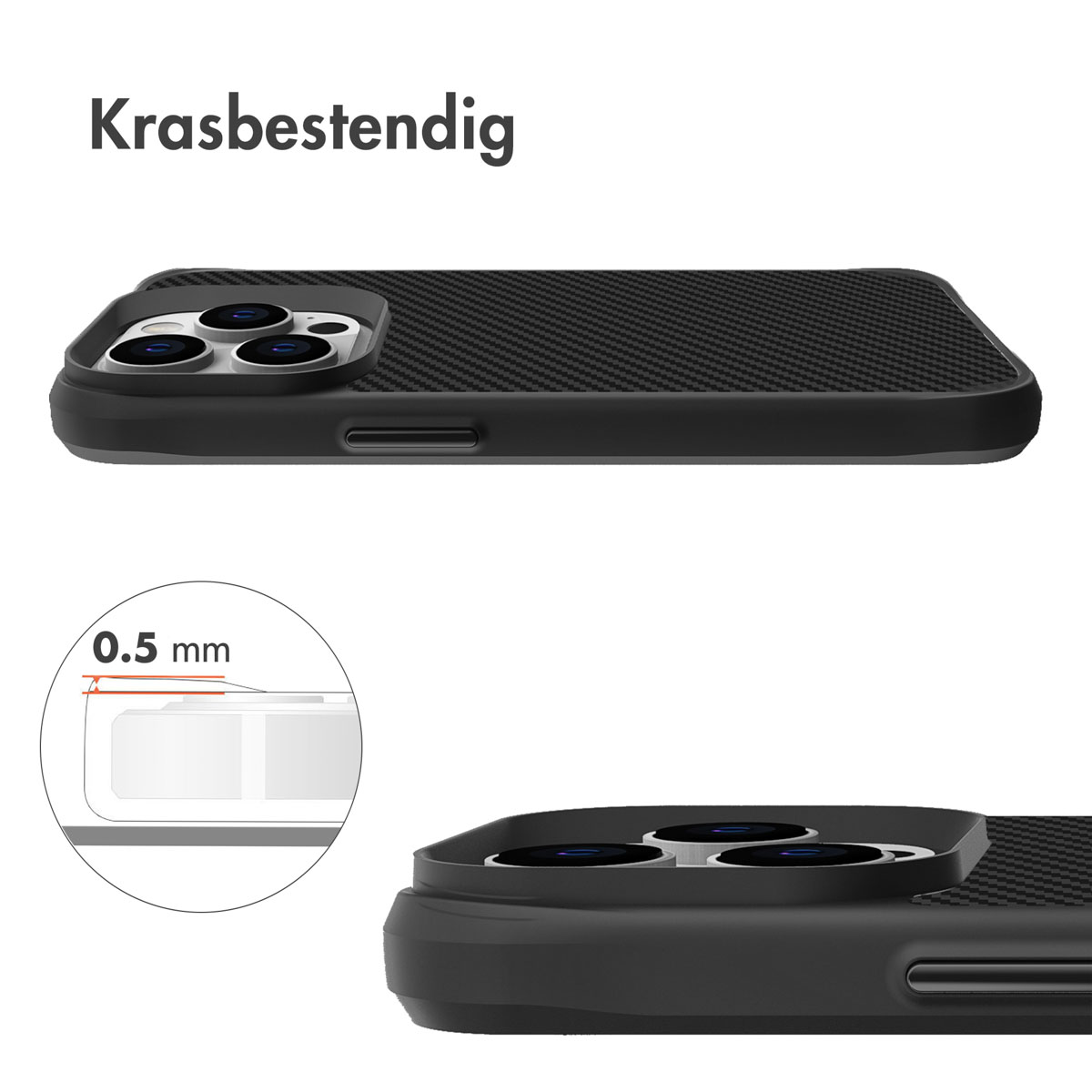 Gros plan sur étui noir, montrant bord avec protection caméra et détail de 0,5 mm.