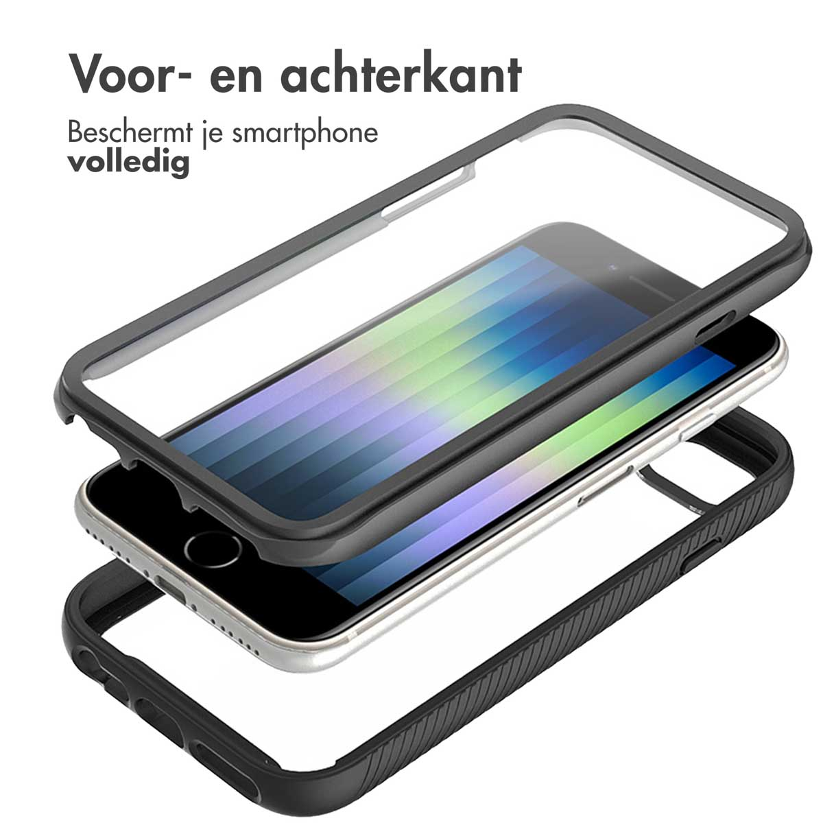 Exploded view van een telefoonhoesje, toont voor-, telefoon- en achtercomponenten.