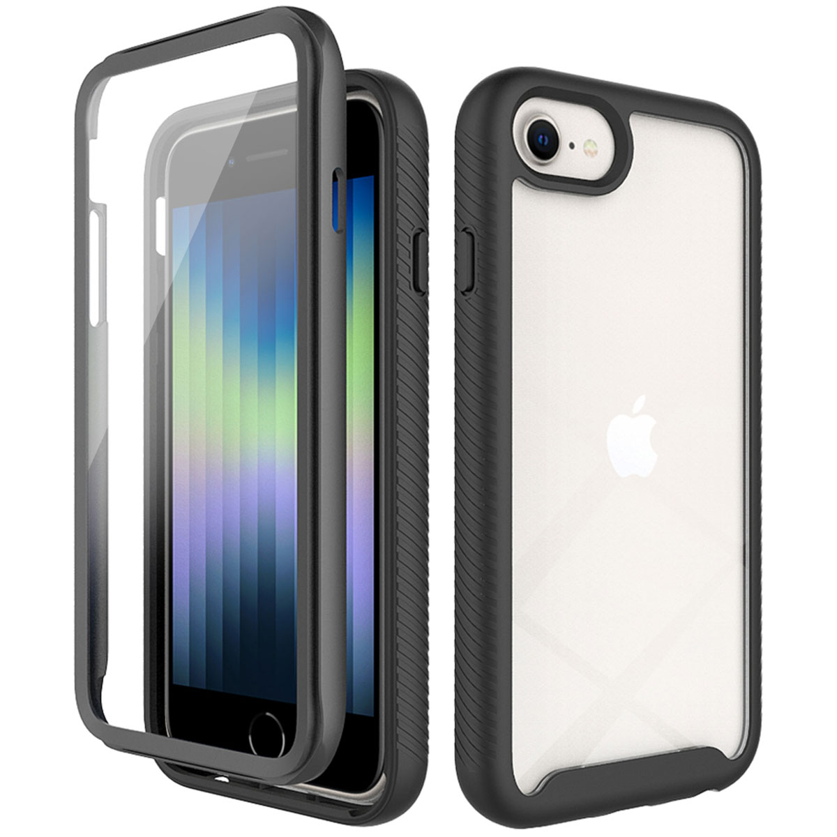 Telefoon in een zwarte en doorzichtige hoes. Eén hoesje is open, de andere dicht. Apple-logo zichtbaar.