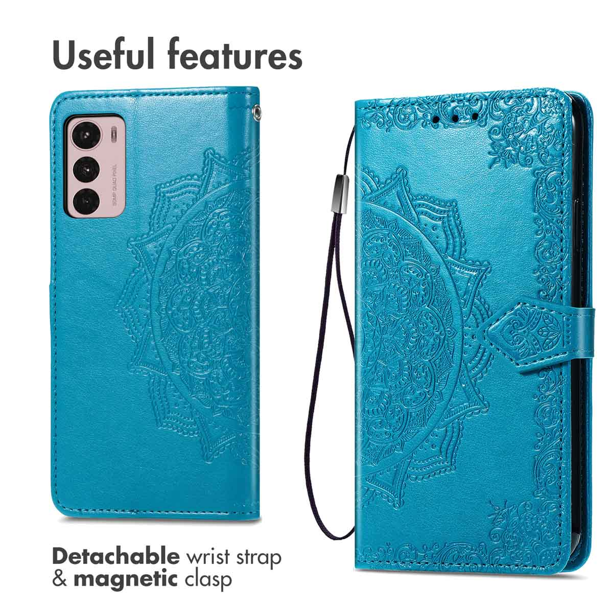Blauwe telefoonhoes met mandala-ontwerp. Met afneembare polsband en magnetische sluiting. Voor- en achteraanzicht.