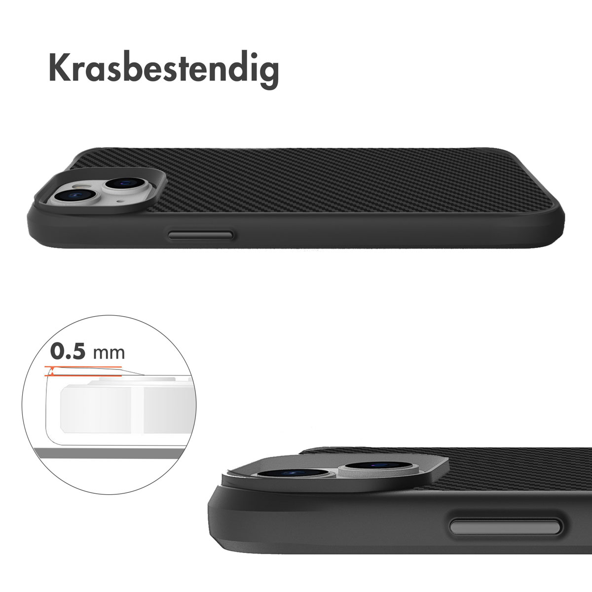 Black phone case bottom and side view, showing scratch resistance and 0.5mm thickness.