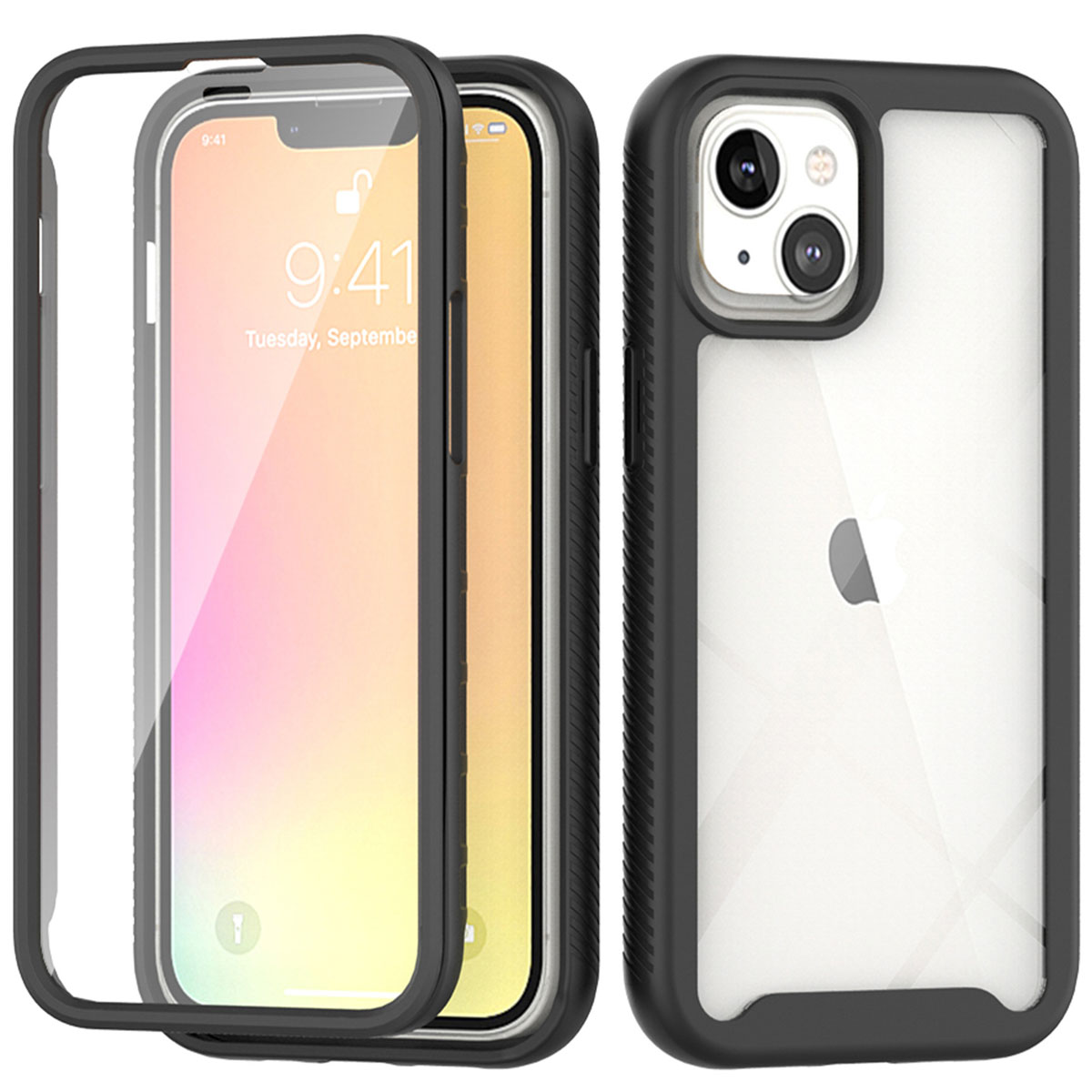 Tre custodie per iPhone. Una aperta, che mostra lo schermo del telefono con l'ora. Le altre due chiuse, che mostrano fotocamera e logo Apple.