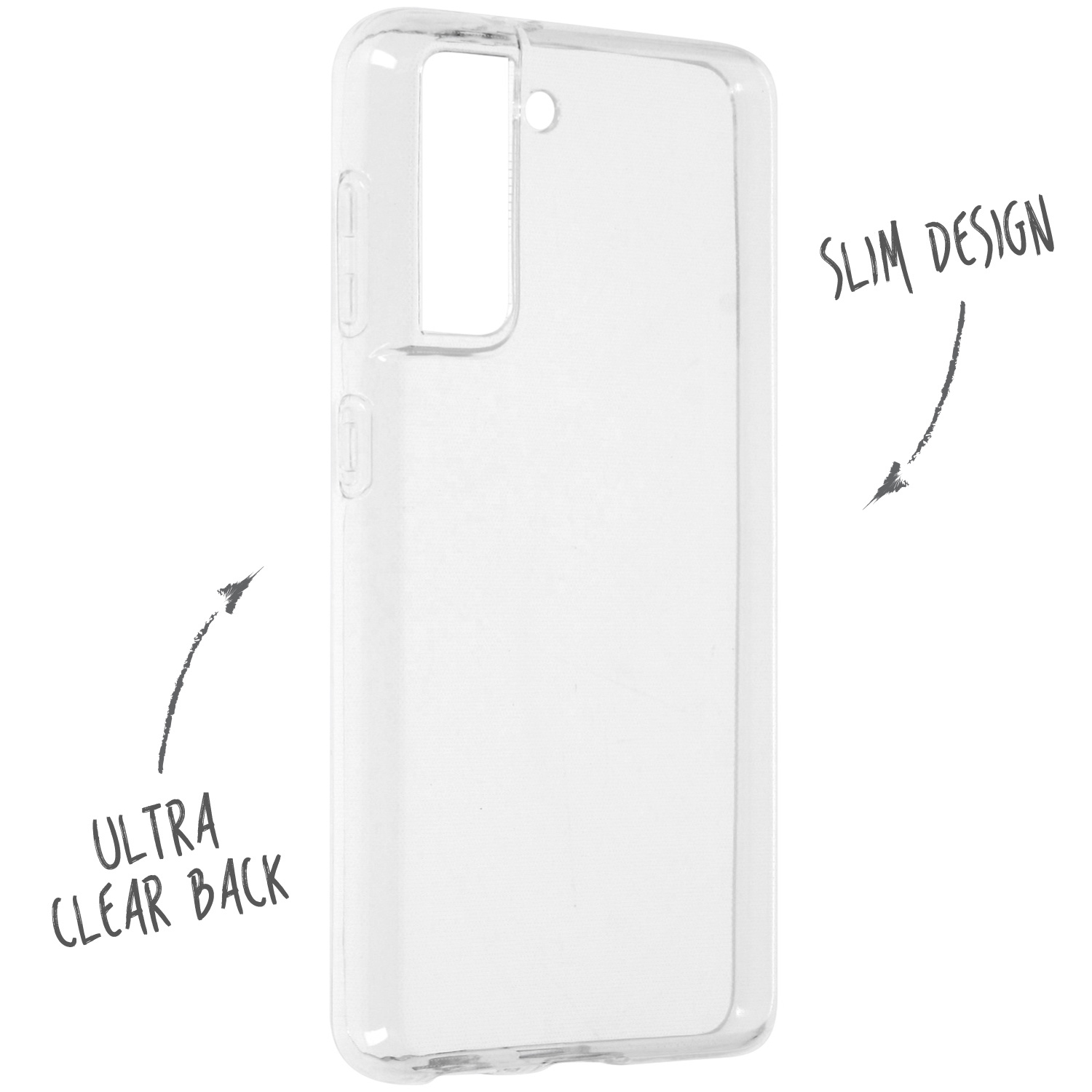 Custodia trasparente per telefono con frecce che puntano al testo 'Ultra Clear Back' e 'Slim Design'.