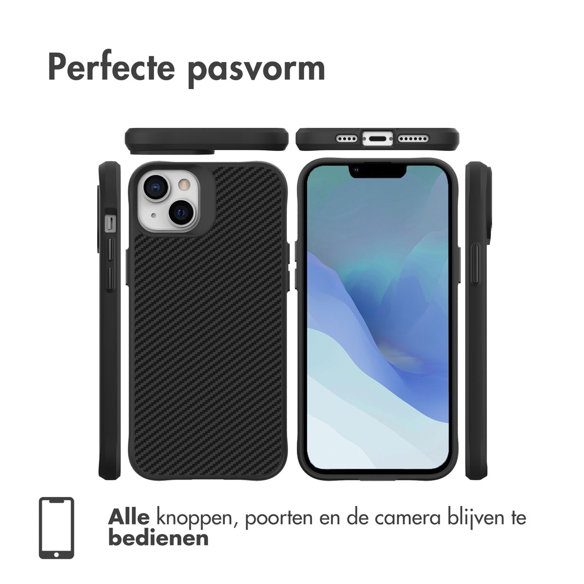Black phone case with a carbon fiber design.  Case has openings for camera and ports.