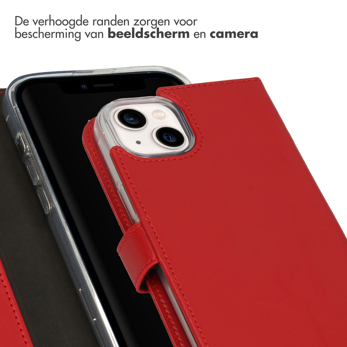 Coque de téléphone rouge avec un téléphone noir à l'intérieur. Texte: 'De verhoogde randen zorgen voor bescherming...'