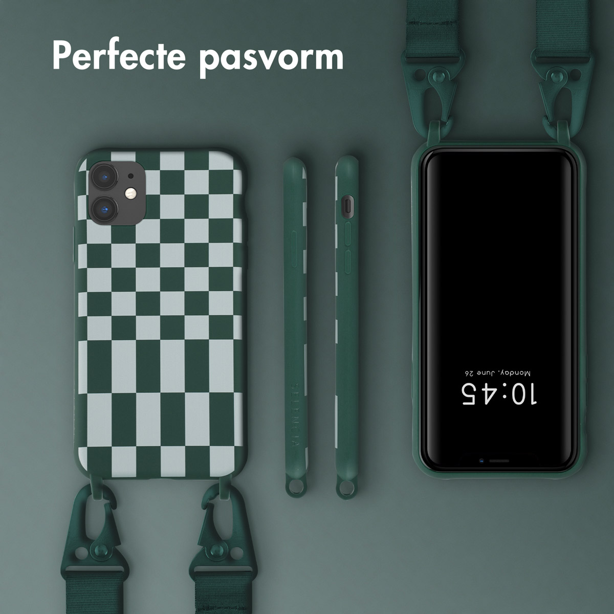 Coque de téléphone verte avec motif à carreaux, avec sangle et étui assortis.