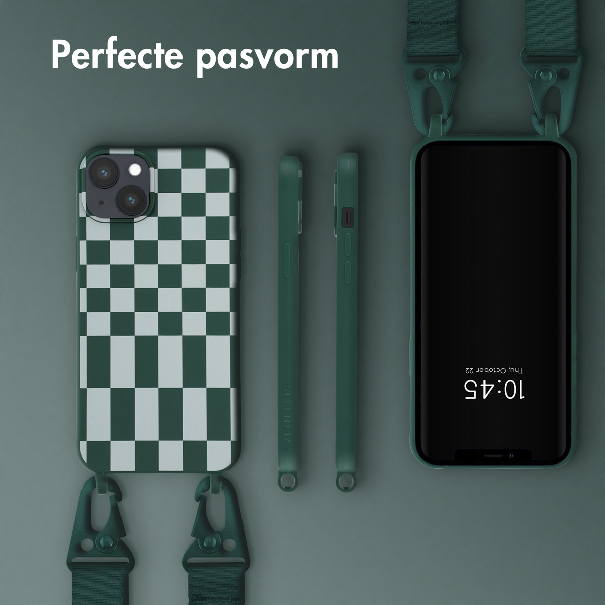 Coque de téléphone avec un motif à carreaux vert et blanc. Sangle et attaches vertes visibles.