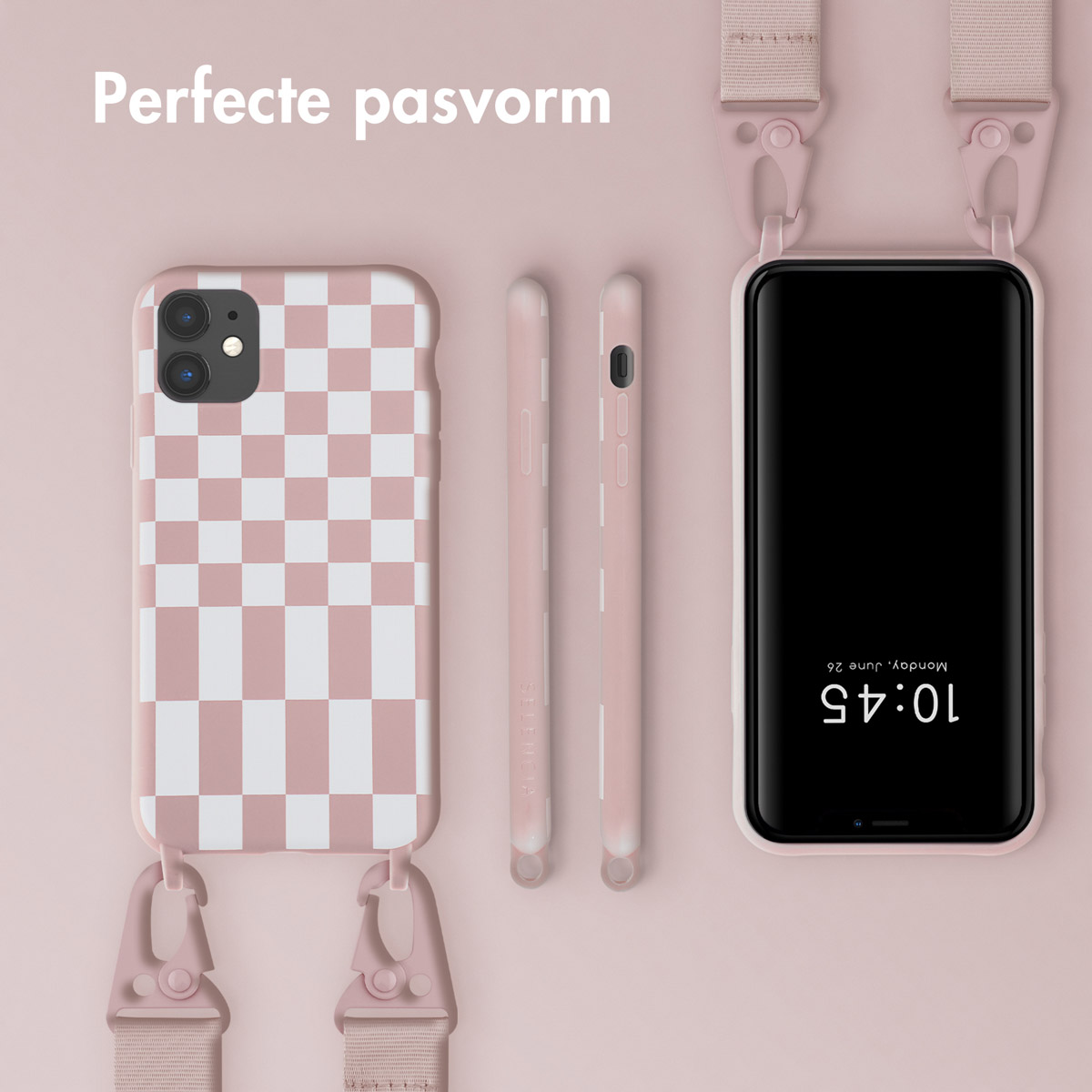 Coque de téléphone rose à motif à carreaux, un téléphone et une sangle.