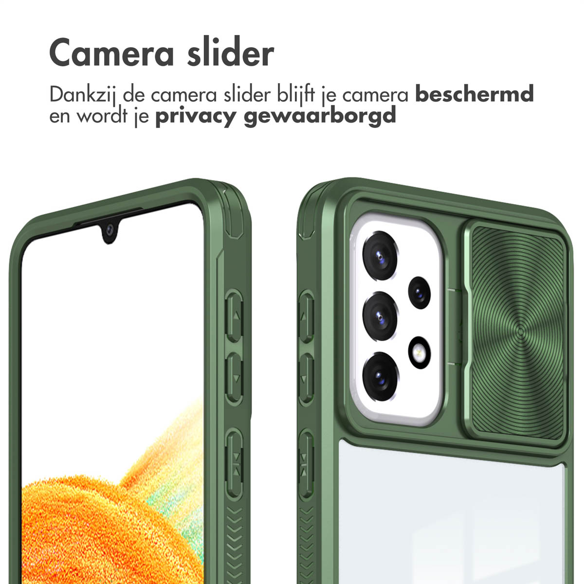 Coque de téléphone verte avec curseur de caméra. Le curseur protège la caméra et assure la confidentialité.