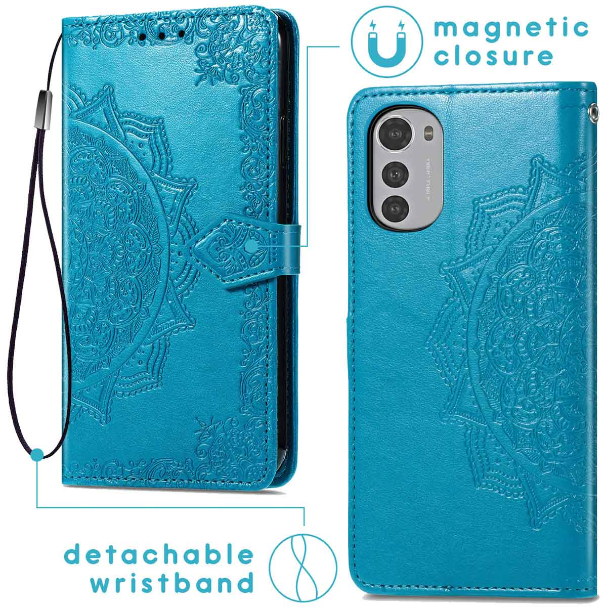 Étui bleu pour téléphone avec motif mandala, fermeture magnétique et dragonne détachable.