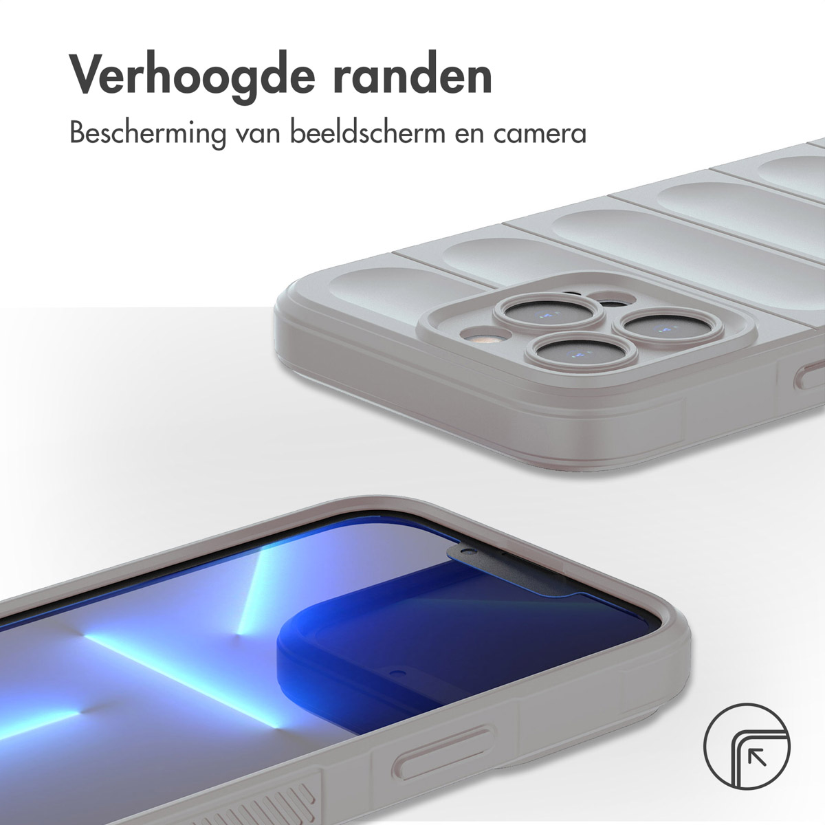 Handyhülle mit erhöhten Kanten. Text lautet 'Erhöhte Kanten. Schutz von Bildschirm und Kamera'.