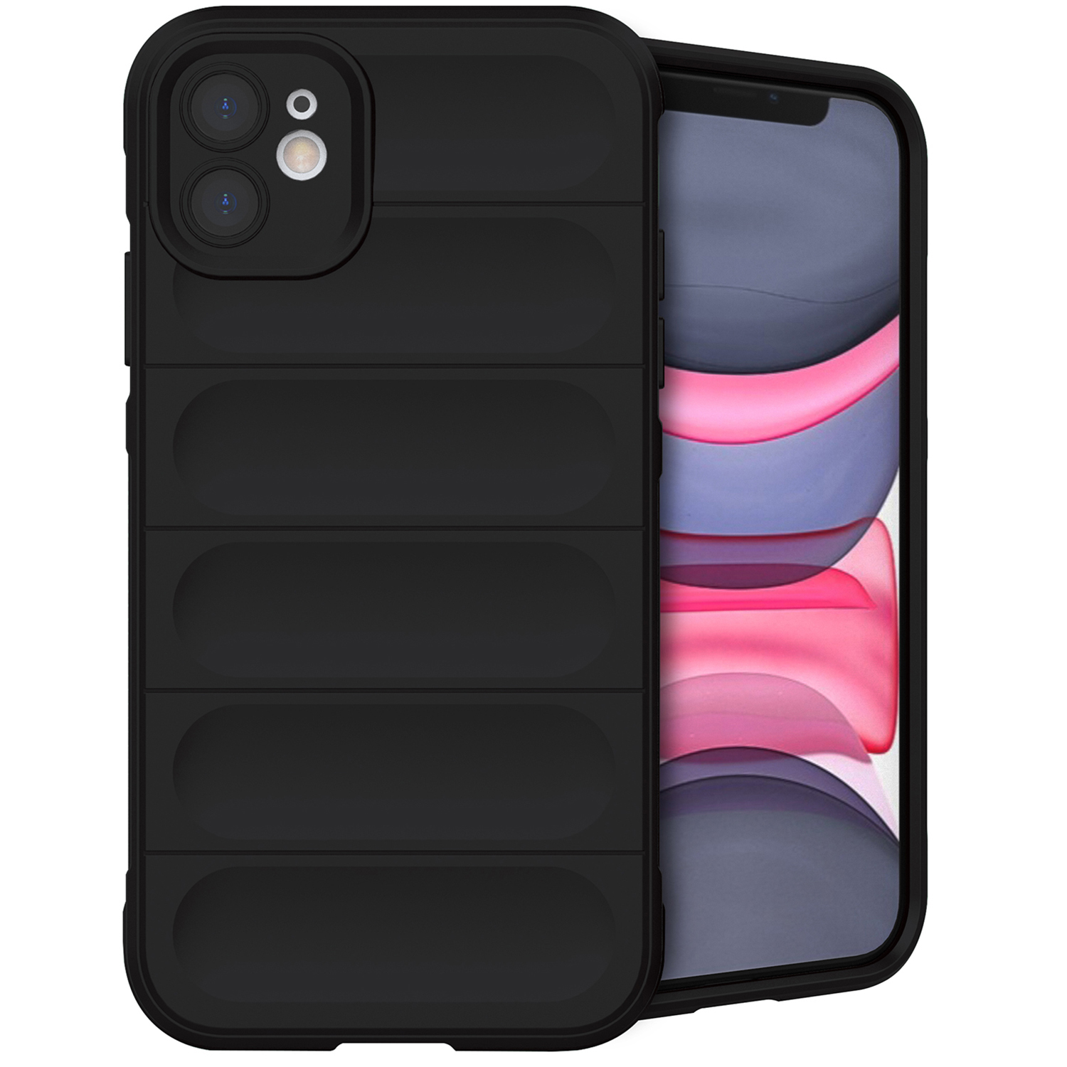 Coque de téléphone noire avec un téléphone à l'intérieur. Le téléphone a des caméras.