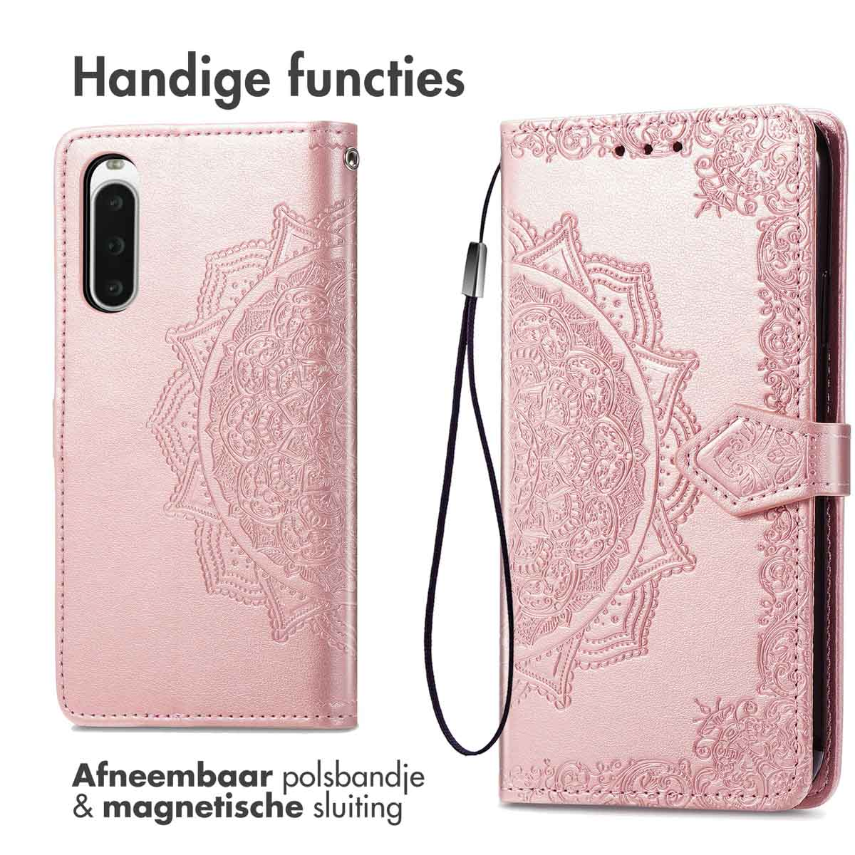 Roze telefoonhoes met een mandala-ontwerp. Voorzien van een riem en magnetische sluiting.