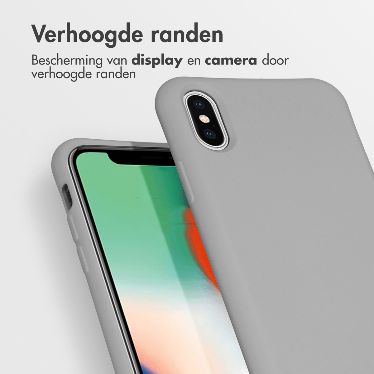 Coque de téléphone grise, montrant des bords surélevés pour la protection de l'écran et de la caméra, téléphone à l'intérieur.