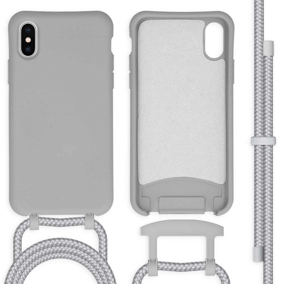 Coque de téléphone grise avec cordon assorti. La coque a une fente pour la fixation du cordon.