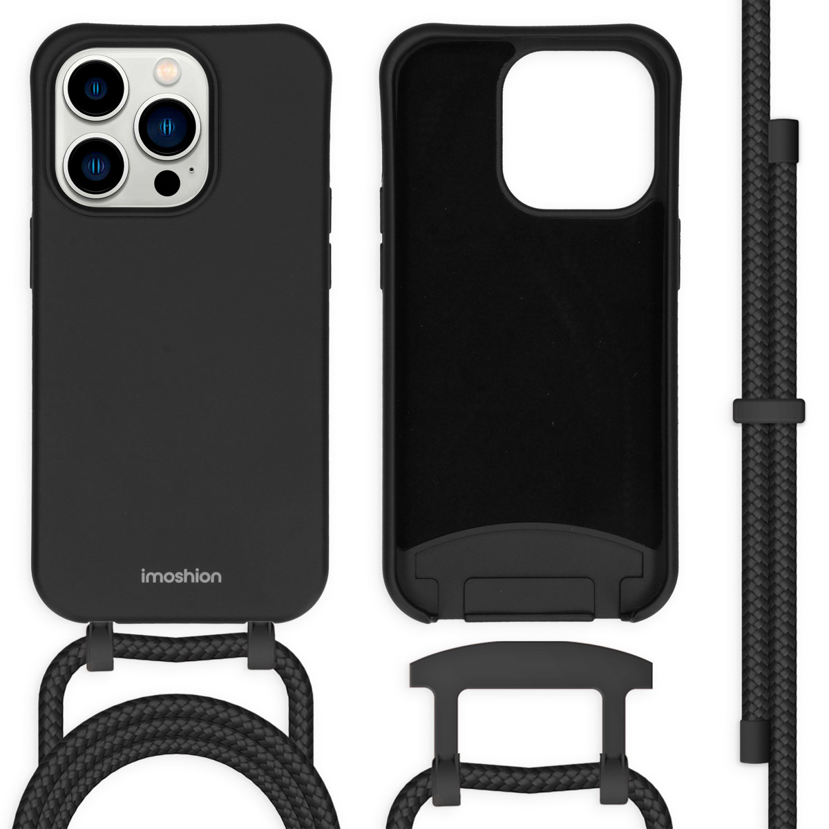 Zwarte telefoonhoes met een zwart koord en een telefoonhoes met een koordbevestiging.