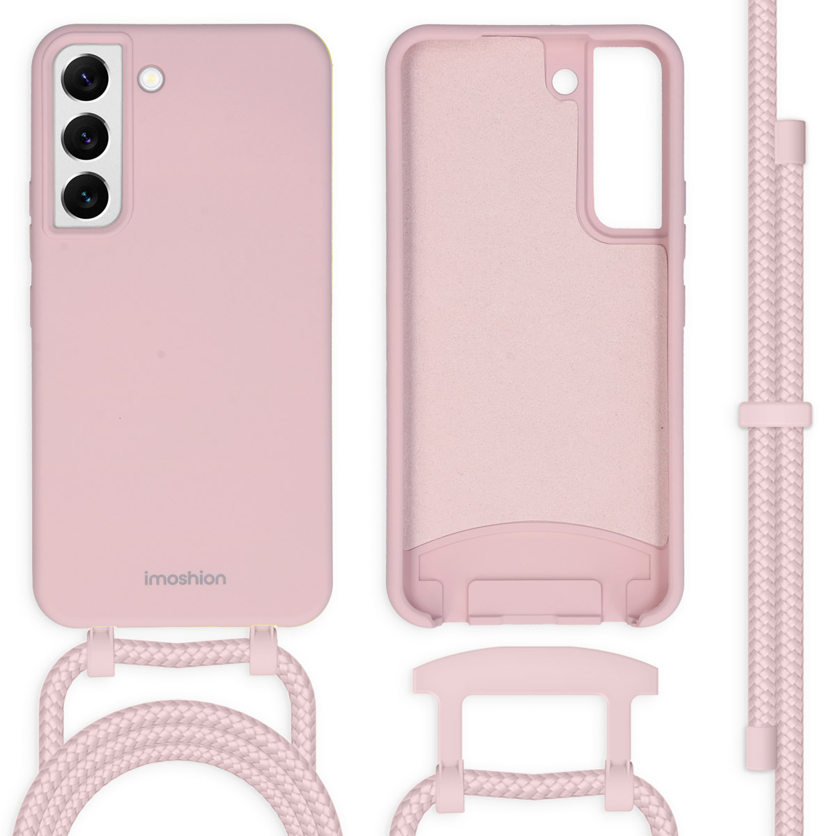 Roze telefoonhoes met een roze koord en aparte telefoonhoes componenten.