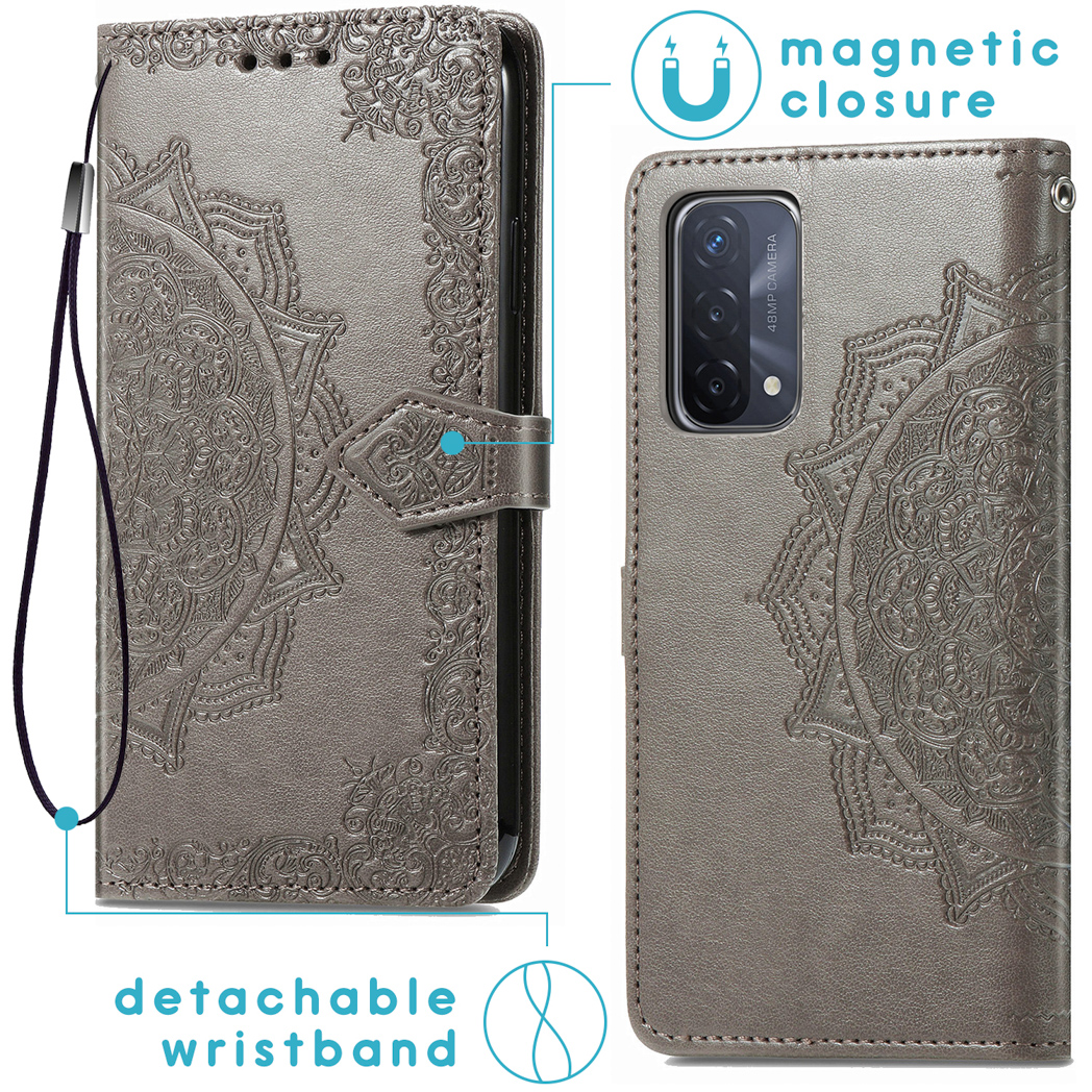 Custodia grigia per telefono con design mandala, chiusura magnetica e cinturino da polso staccabile, presentata aperta e chiusa.