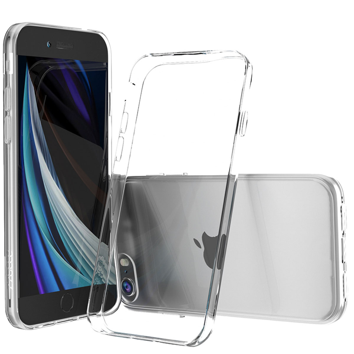 Coque de téléphone transparente à côté d'un téléphone noir. La coque est transparente. Fond blanc.
