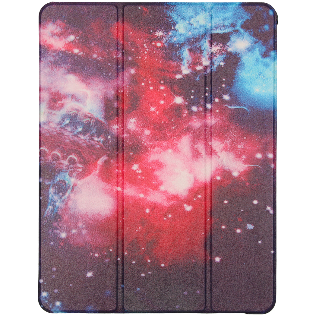 Tablet case with a galaxy print design. Features red, blue, and purple colors.
