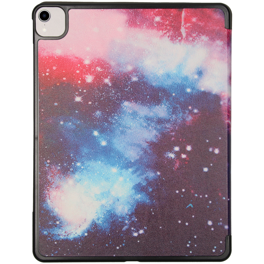 An iPad case with a galaxy design. The case is open, showing a colorful nebula design on a black frame.