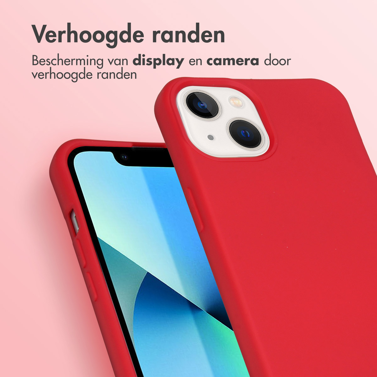 Eine rote Handyhülle mit erhöhten Kanten. Die Handyhülle bedeckt ein Telefon und einen weißen Hintergrund.