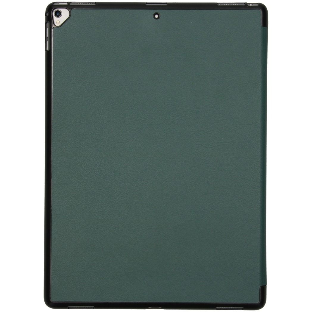 Green leather tablet case. The tablet is inside, with a black frame surrounding it.