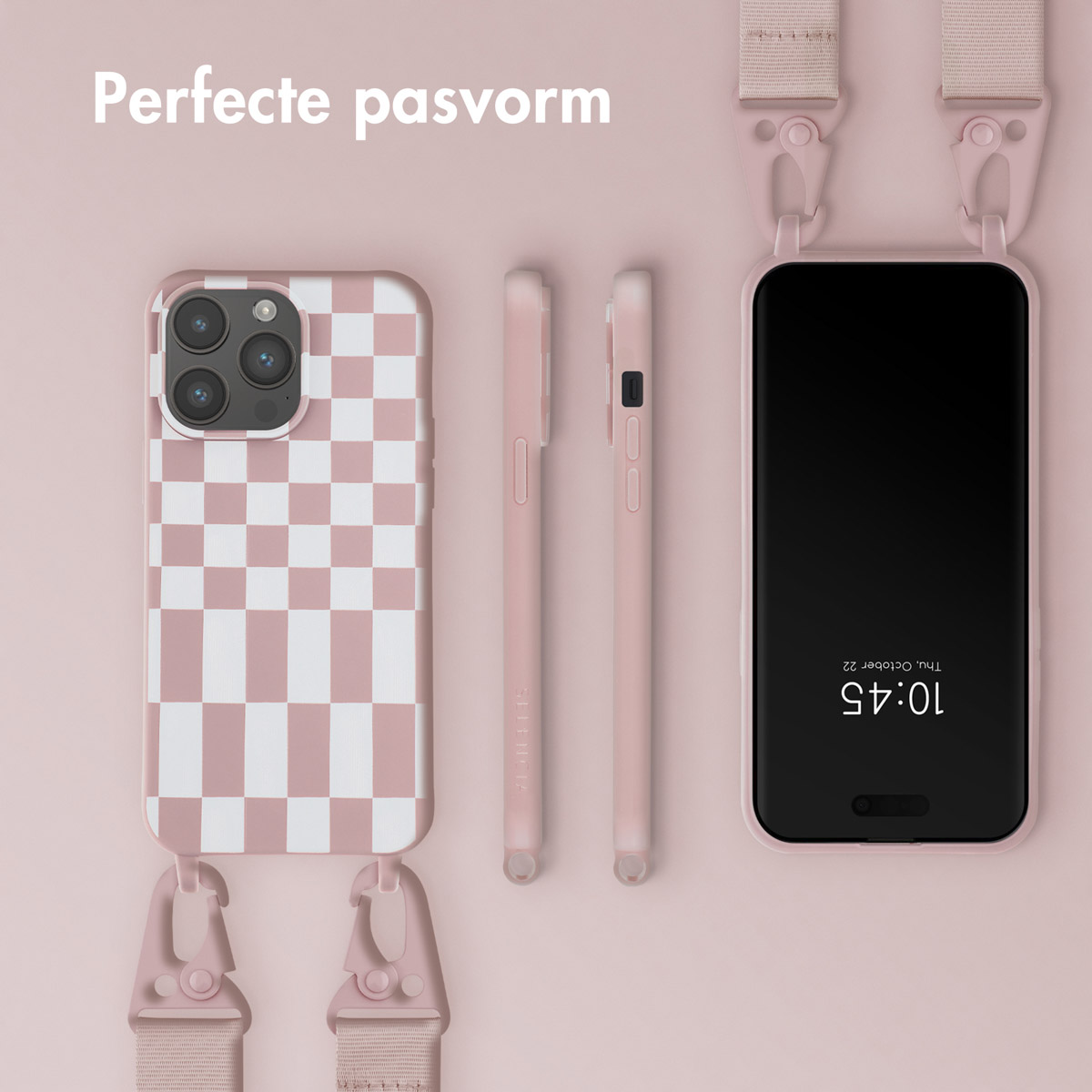 Coque de téléphone rose avec motif à carreaux, téléphone et lanière. Texte : 'Perfecte pasvorm'.