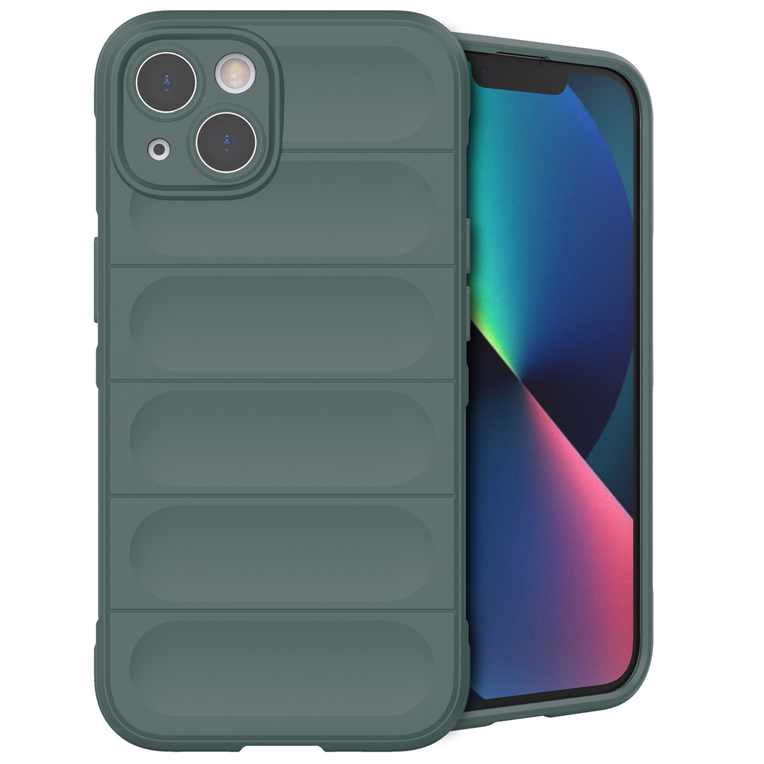 Groene telefoonhoes met een gewatteerd ontwerp, die een telefoon bedekt. De achtergrond is wit.