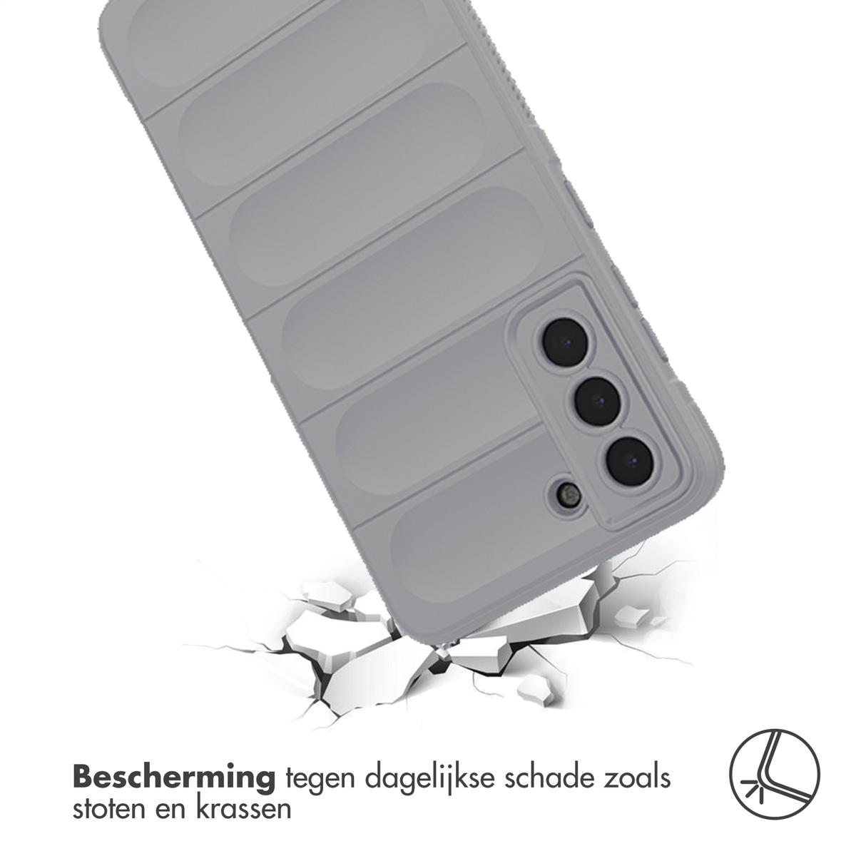 Grijze telefoonhoes. De telefoon valt en de hoes barst.