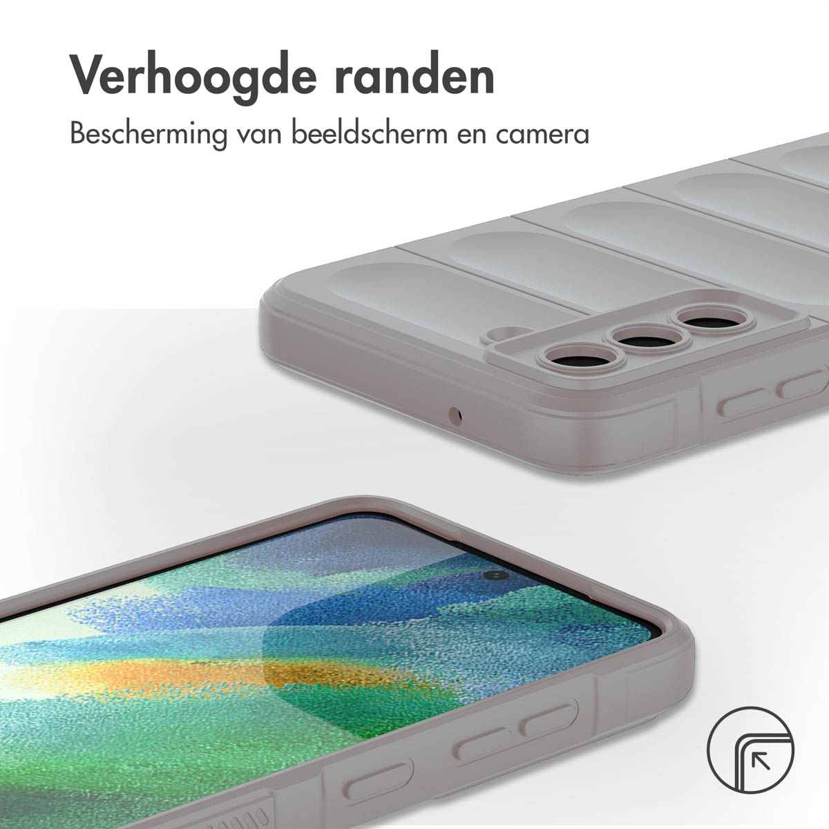 Telefoonhoes met verhoogde randen. De telefoon zit erin en het scherm is zichtbaar.
