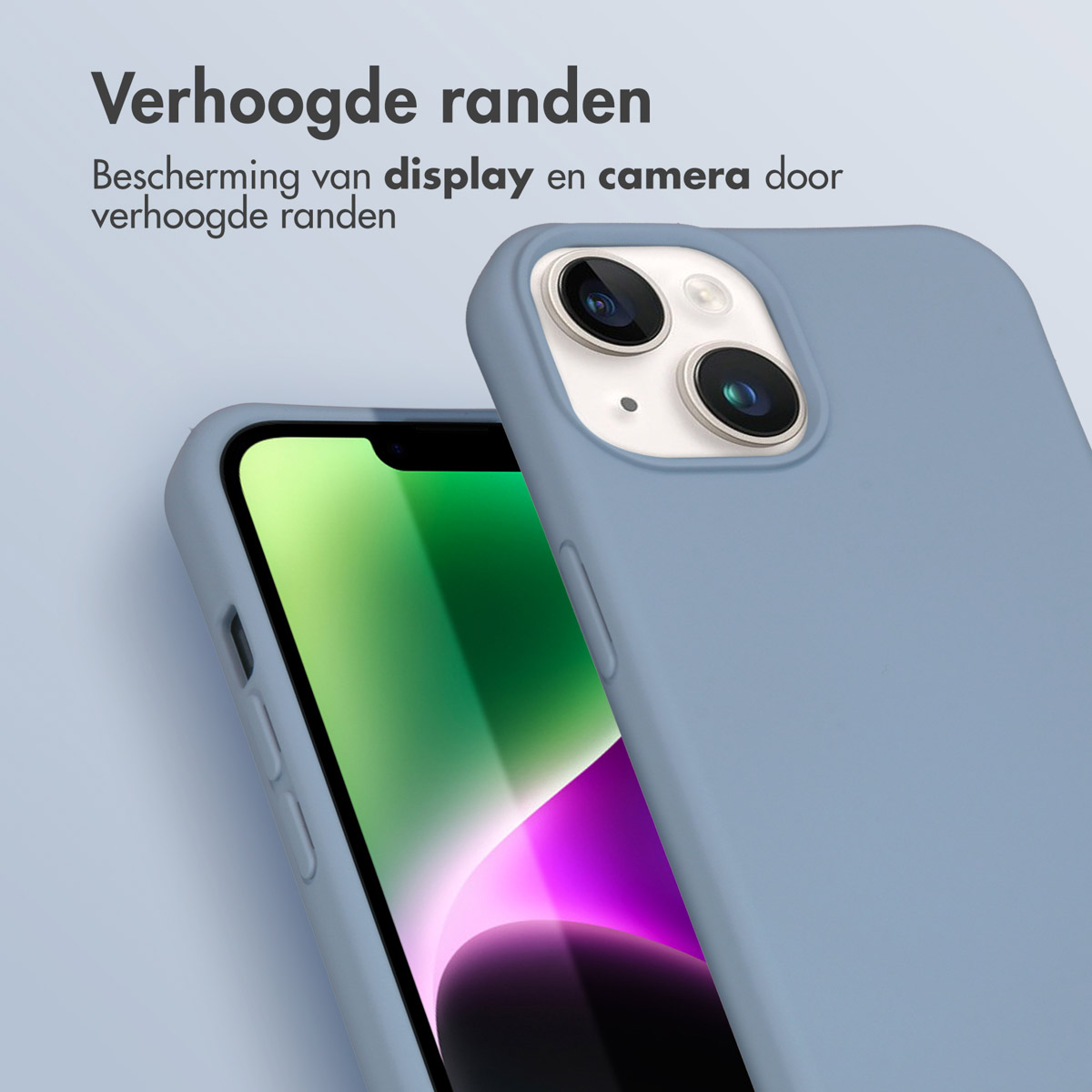 Coque de téléphone bleue avec bords hauts. Le téléphone est dans la coque, qui protège l'écran.