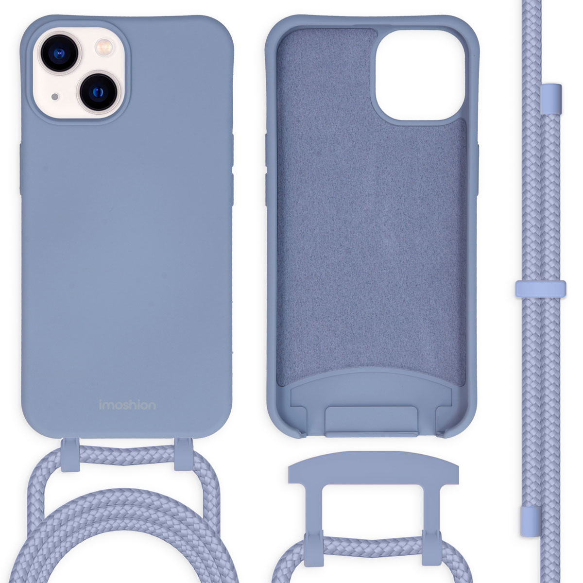 Un étui de téléphone bleu clair avec une lanière. Deux parties de l'étui sont montrées, plus un téléphone avec un étui bleu.