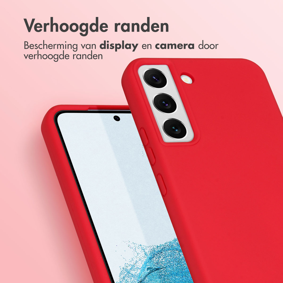 Rode telefoonhoes met verhoogde randen, close-up weergave.