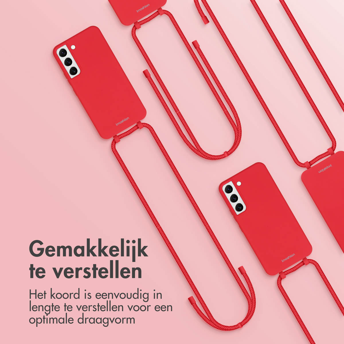 Rode telefoonhoesjes met rode lanyards. Hoesjes staan in een diagonale formatie.