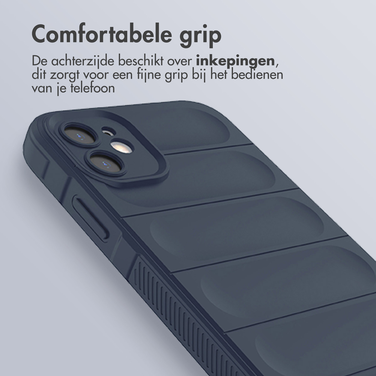 Coque de téléphone bleu marine avec téléphone, montrant les rainures. Fond blanc.