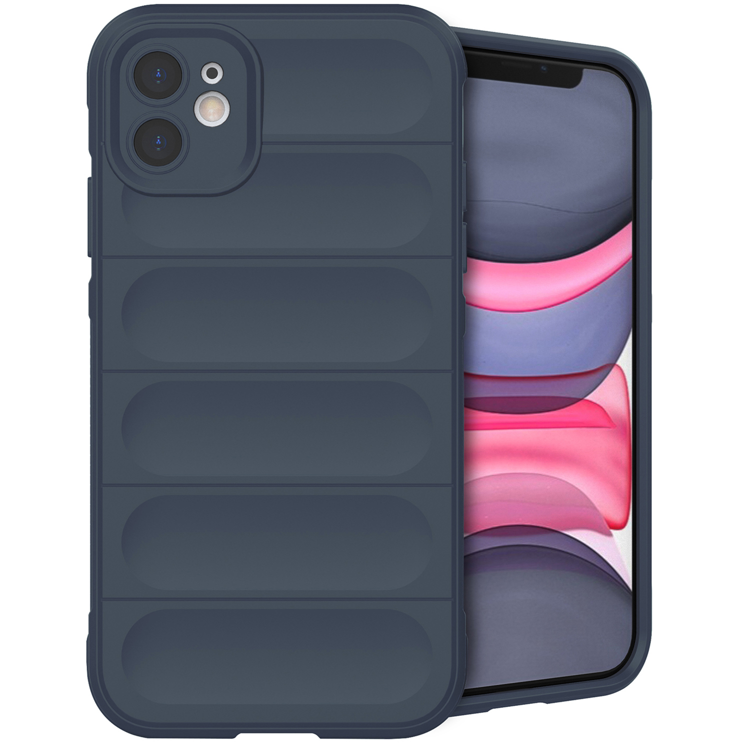 Coque de téléphone bleu foncé avec des arêtes horizontales, présentant le téléphone et la coque.
