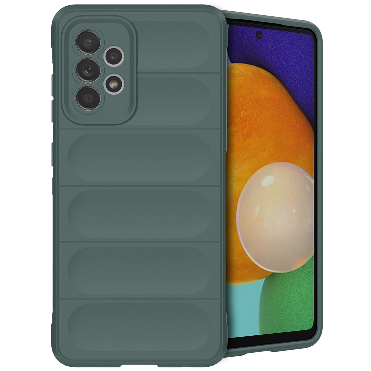 Groene telefoonhoes met een geribbeld ontwerp, telefoon erin. De hoes bedekt de achterkant en zijkanten.