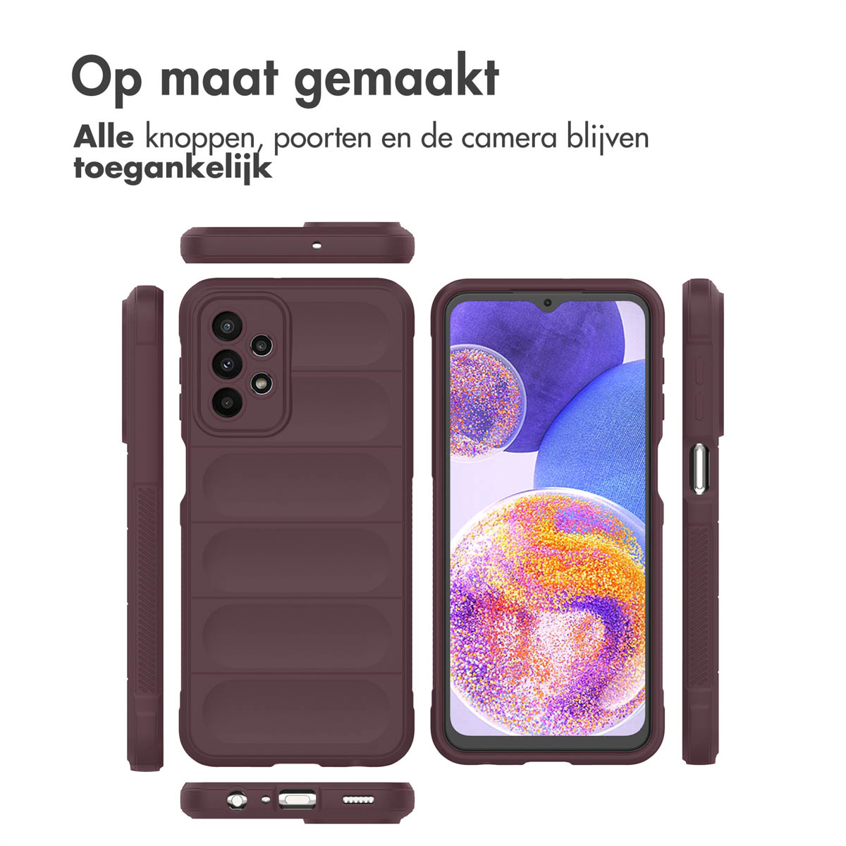 Maroon phone case in multiple views. The phone case is covering a phone. The background is white.