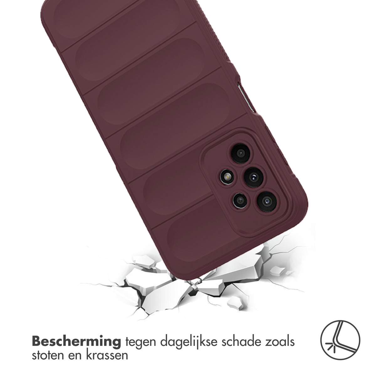 Phone case falling onto a white surface, cracking it. Case is maroon.